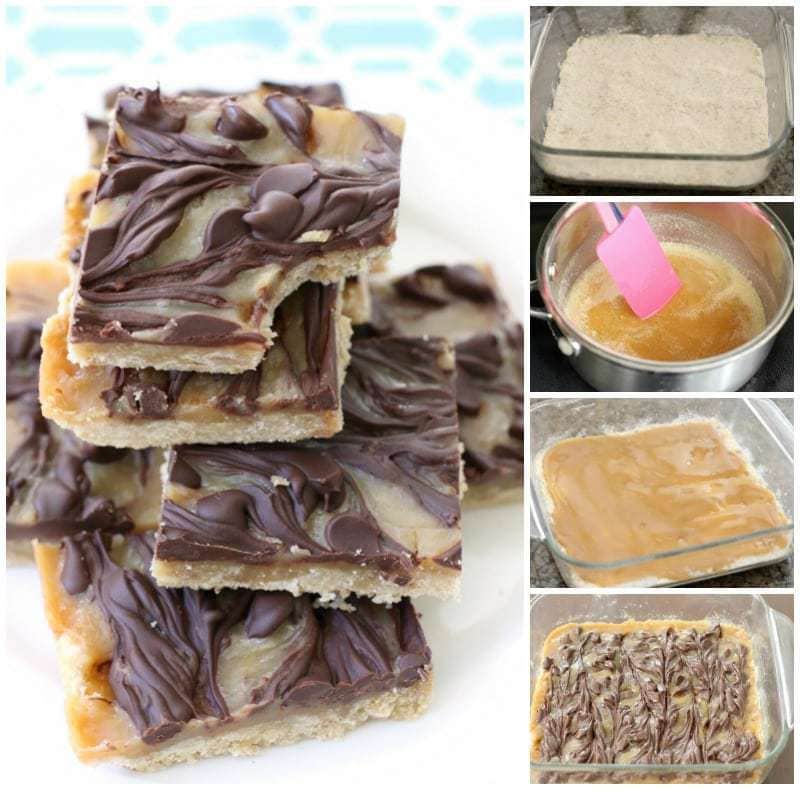 Barras de chocolate feitas com apenas 4 ingredientes simples! Fácil crosta amanteigada, coberta com um caramelo rápido e depois agitada com chocolate derretido. 