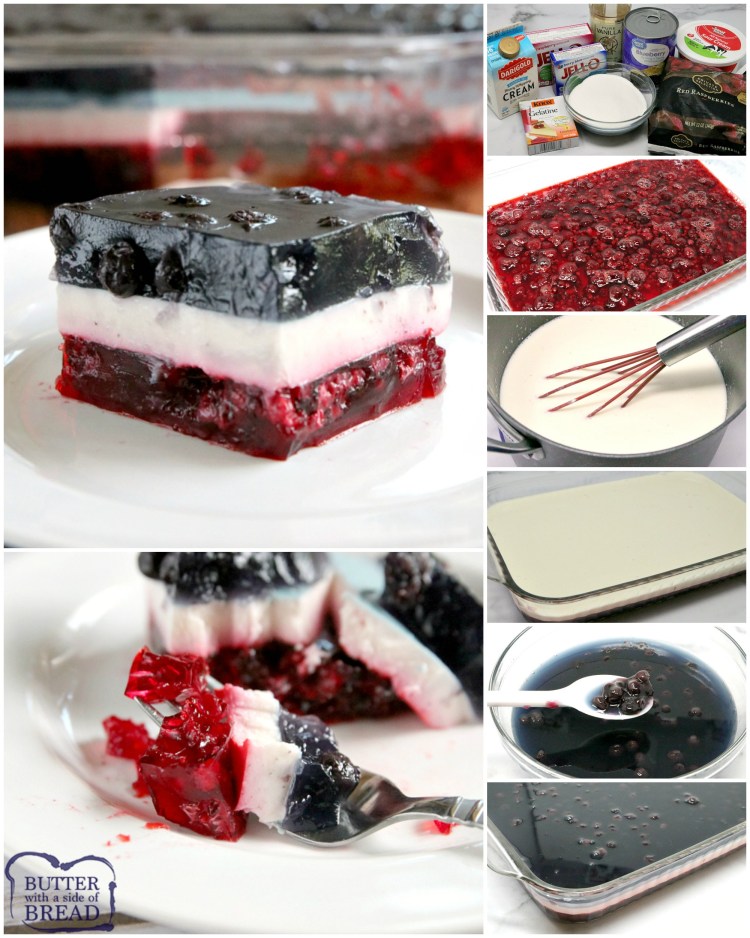 A salada de gelatina em camadas patriótica tem uma camada de framboesa e uma camada de mirtilos com uma deliciosa camada de baunilha. Esta sobremesa vermelha, branca e azul é perfeita para 4 de julho e é deliciosa - você também vai querer comer o resto do ano!