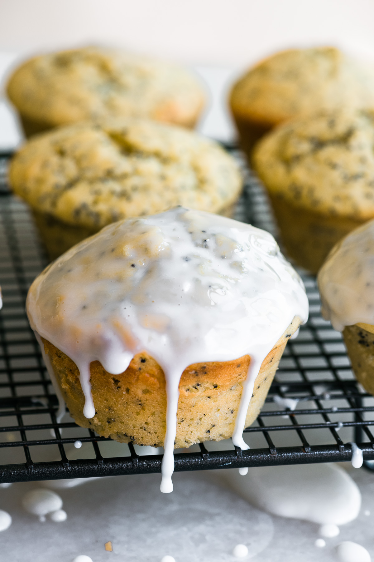 cupcakes vitrificados com sementes de papoila em uma gradinha para esfriar