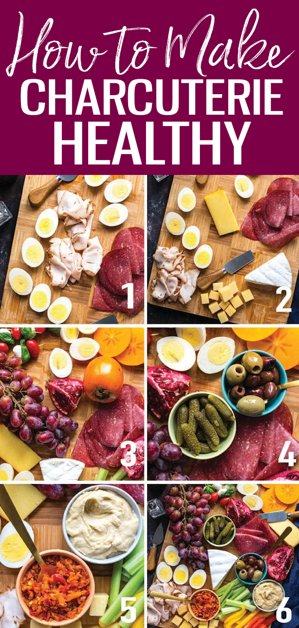Esta mesa de delicatessen saudável e cheia de proteínas é uma deliciosa idéia de lanche de Natal com ingredientes de baixa caloria, como ovos cozidos, peru magro, uma variedade de queijos, picles, hummus e muito mais! #charcuterie #meatandcheese