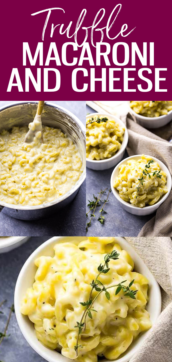 Este Macarrão com queijo trufado de queijo cheddar branco é feito no fogão com óleo de trufa, queijo cheddar branco e queijos suíços - é uma refeição super cremosa e perfeita! # trufa #macandcheese