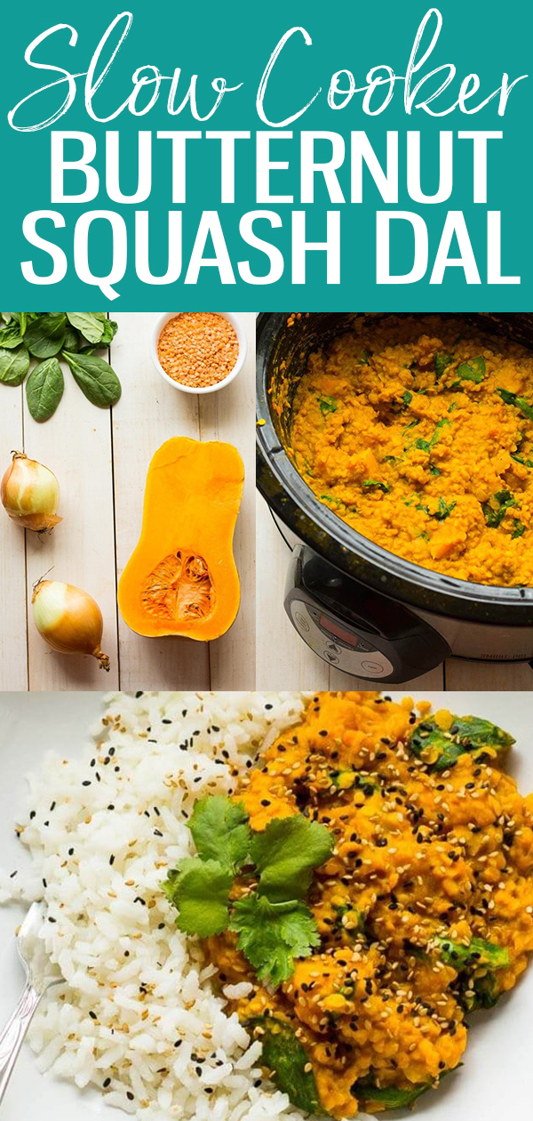 Este dal de abóbora cozido lentamente com lentilhas e leite de coco é uma deliciosa receita vegana: combine este prato indiano com arroz basmati para uma refeição completa! #slow cook #butternutsquash #dal
