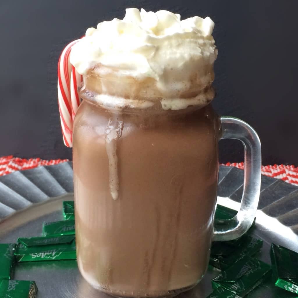 andes hortelã hotChata. BEST BEBIDA feita em uma panela de crochê com rumchata e balas de andes. SIM!