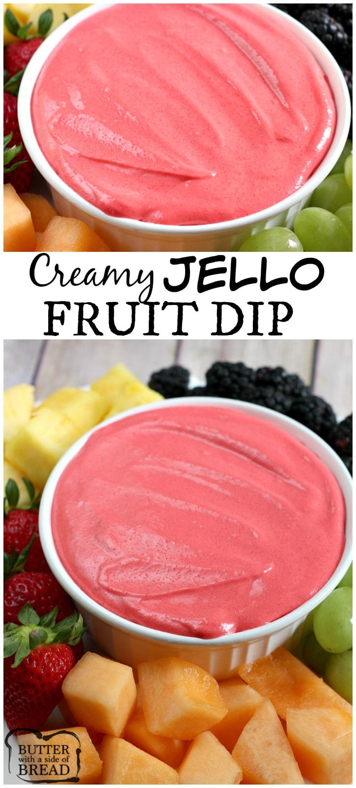 O molho cremoso de geléia de frutas é feito com geléia, cream cheese e leite, só isso! Você pode usar qualquer sabor de gelatina que desejar nesta deliciosa receita de molho de frutas!
