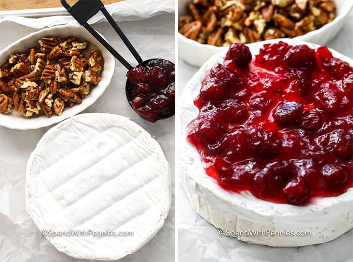Imagem à esquerda: todos os ingredientes para assar brie em uma tábua. Imagem à direita: queijo Brie coberto com molho de cranberry. 