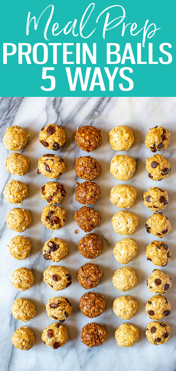 Estas são as bolas de proteína mais fáceis de fazer, feitas de 5 maneiras! Eles são ótimos lanches para preparar refeições, e você pode congelá-los - tente massa de biscoito, manteiga de amendoim, macaroons, brownies ou passas de aveia. #proteinballs #energybites #mealprep #snacks