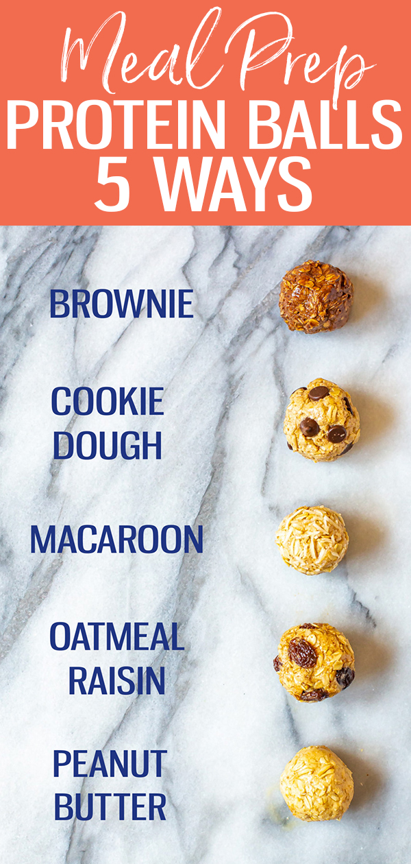 Estas são as bolas de proteína mais fáceis de fazer, feitas de 5 maneiras! Eles são ótimos lanches para preparar refeições, e você pode congelá-los - tente massa de biscoito, manteiga de amendoim, macaroons, brownies ou passas de aveia. #proteinballs #energybites #mealprep #snacks