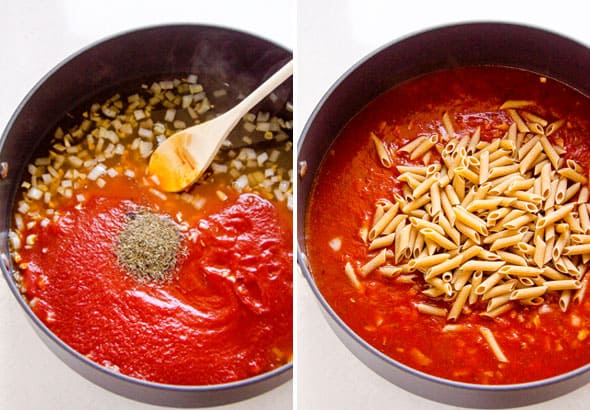 Penne com brócolis, molho de tomate, alho, cebola e óleo cozido em uma frigideira e coberto com queijo para uma receita fácil e saudável para o jantar.  O | .com