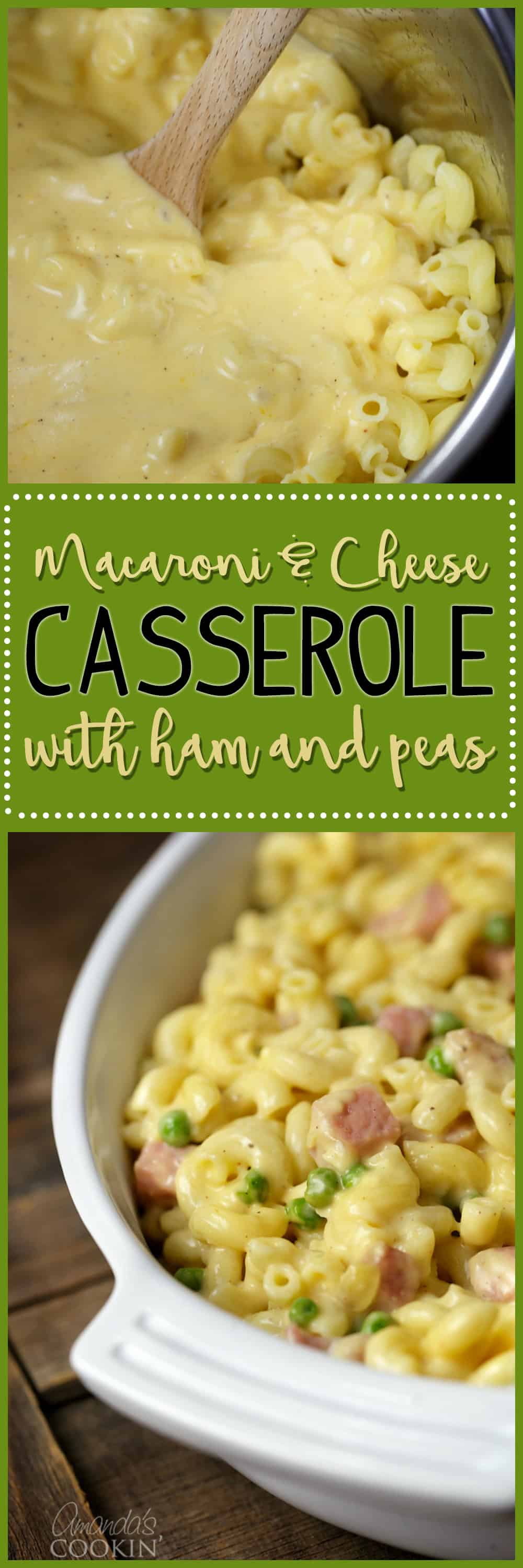 A comida favorita de todos, a caçarola de macarrão com queijo. Presunto e ervilha complementam esta caçarola favorita da família clássica.