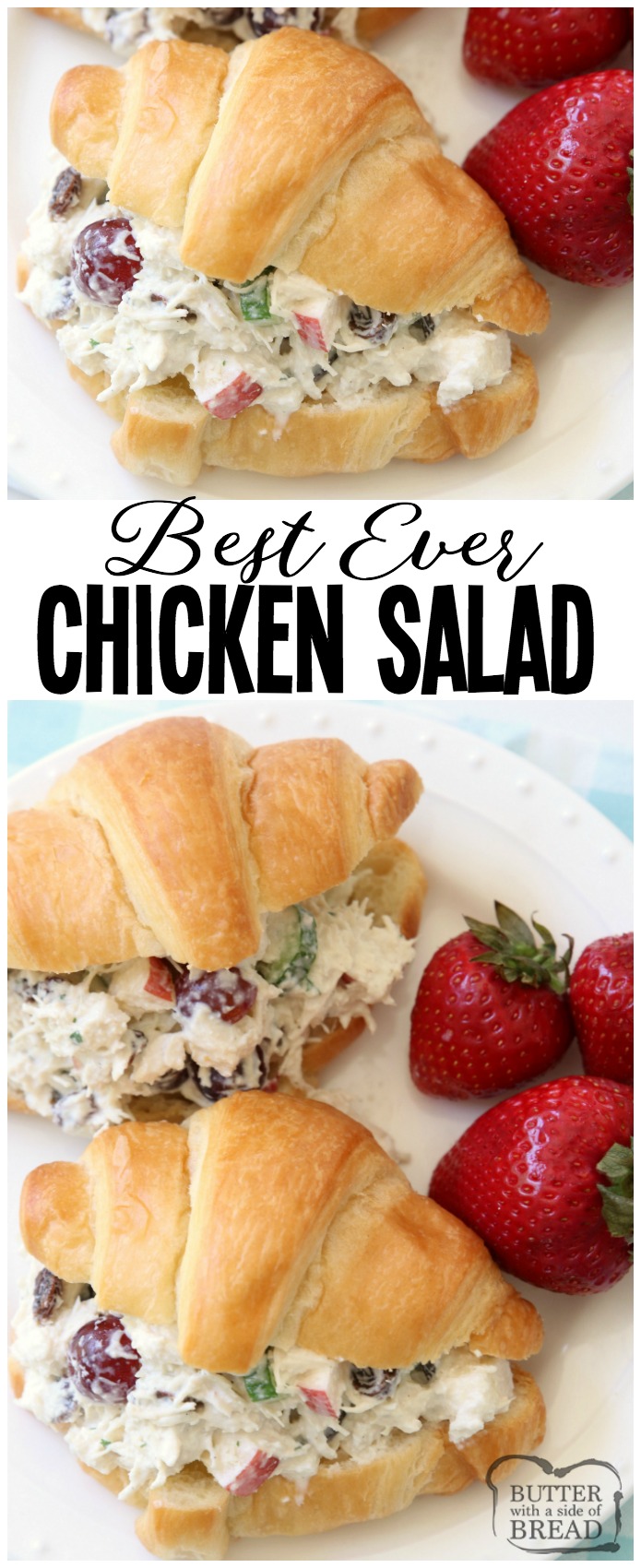 Fácil receita de salada de frango de 5 minutos que é a MELHOR que eu já tive! O curativo simples realmente o torna perfeito. Receita de salada de frango feita com frango em cubos, iogurte natural, maçãs, uvas, aipo, pepino, passas e muito mais. Ideal como sanduíches de salada de frango ou alface como um envoltório ou em bolachas. # frango # salada # almoço # almoço # frango # proteína # saudável # receita de manteiga com um lado de pão