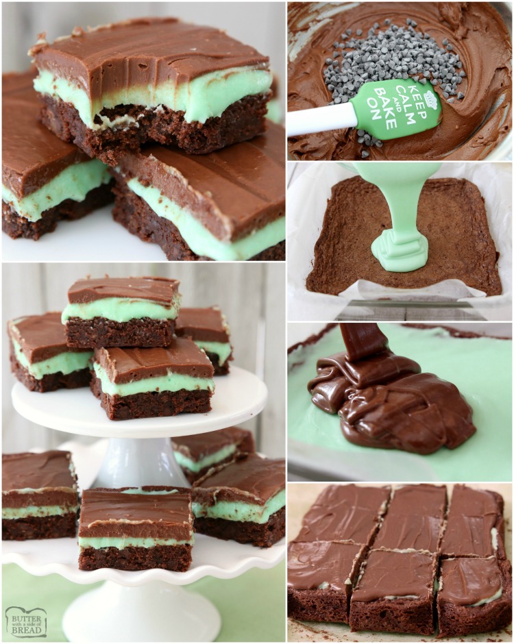 A melhor receita de brownie de menta fácil e perfeitamente assada com chocolate!  A dupla camada de menta e cobertura de chocolate é incrível.  Perfeito para a sobremesa do dia de São Patrício!