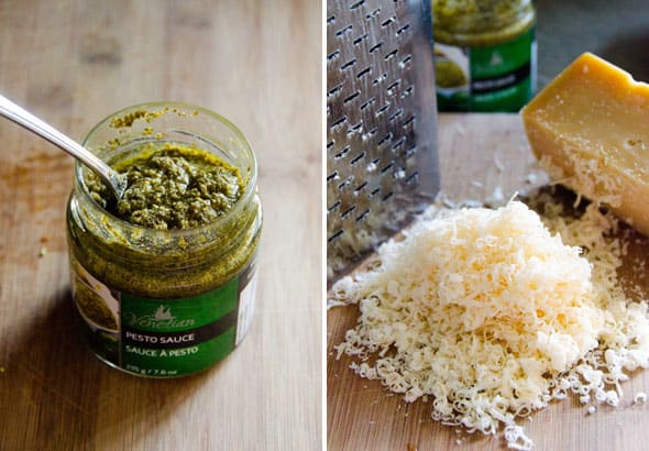 Pesto pré-misturado e queijo parmesão para uma massa vegetariana saudável