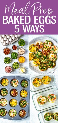 Esta receita de ovo cozido mostrará como assar seus ovos em forma de bagel de 5 maneiras diferentes. Os sabores incluem presunto e aspargos, queijo cheddar com brócolis, espinafre com cogumelos e muito mais! #bakedeggs # mealprep #breakfast