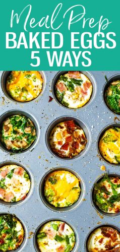 Esta receita de ovo cozido mostrará como assar seus ovos em forma de bagel de 5 maneiras diferentes. Os sabores incluem presunto e aspargos, queijo cheddar com brócolis, espinafre com cogumelos e muito mais! #bakedeggs # mealprep #breakfast