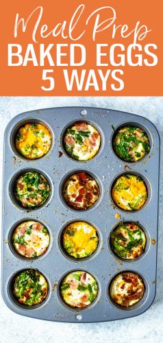 Esta receita de ovo cozido mostrará como assar seus ovos em forma de bagel de 5 maneiras diferentes. Os sabores incluem presunto e aspargos, queijo cheddar com brócolis, espinafre com cogumelos e muito mais! #bakedeggs # mealprep #breakfast
