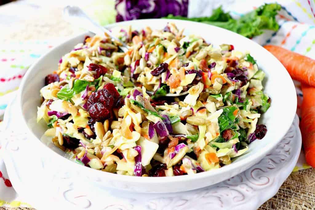 Salada de repolho extra colorida com vermelho, roxo, laranja e verdes em uma tigela branca.