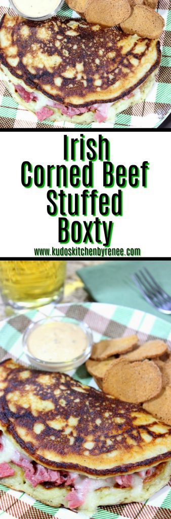 Boxty Corned Beef Carne irlandesa. Este Irish Stuffed Boxty é recheado com carne crua macia e toneladas de queijo suíço derretido. - www.kudoskitchenbyrenee.com Cornish Beef Boxty com queijo suíço - www.kudoskitchenbyrenee.com