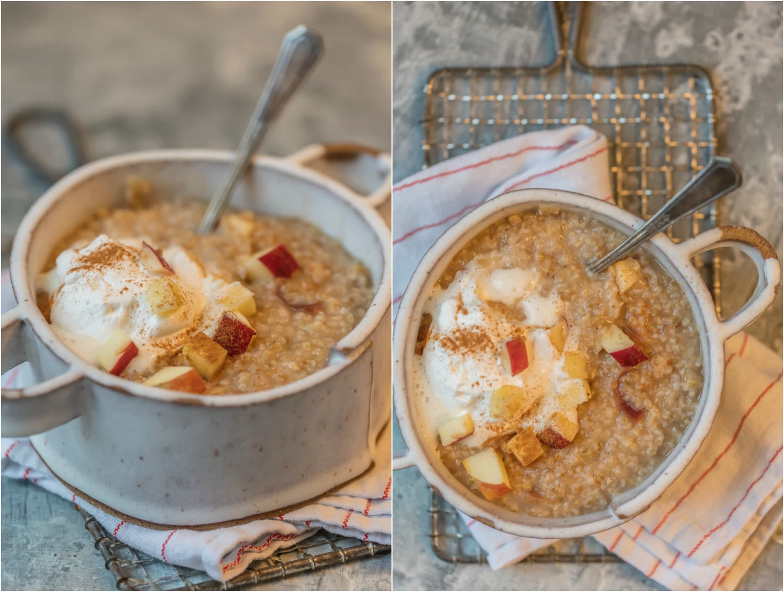 Pastel de manzana Avena en un tazón blanco