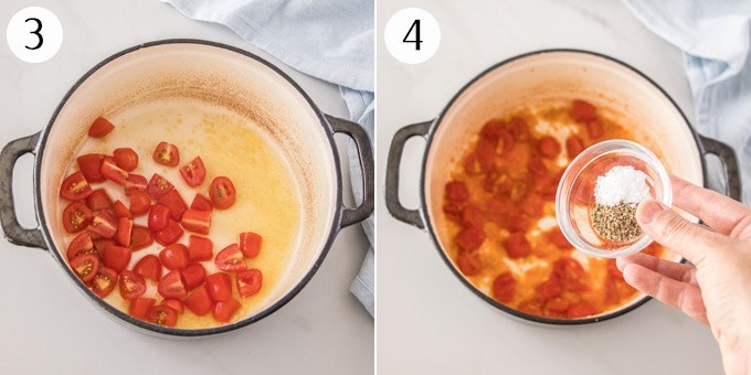 Adicione o tomate a uma frigideira para refogar e adicione sal e pimenta.