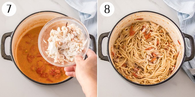 Adicione o caranguejo ao molho de macarrão e depois exiba o macarrão misturado ao molho.