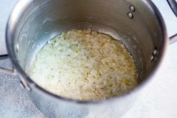 Macarrão com queijo e cebola cozida em frango
