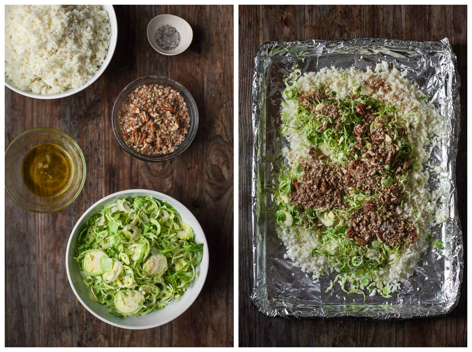 Ingredientes para o arroz de couve-flor assada com couve de Bruxelas e nozes (Paleo, Whole30) | acalculatedwhisk.com