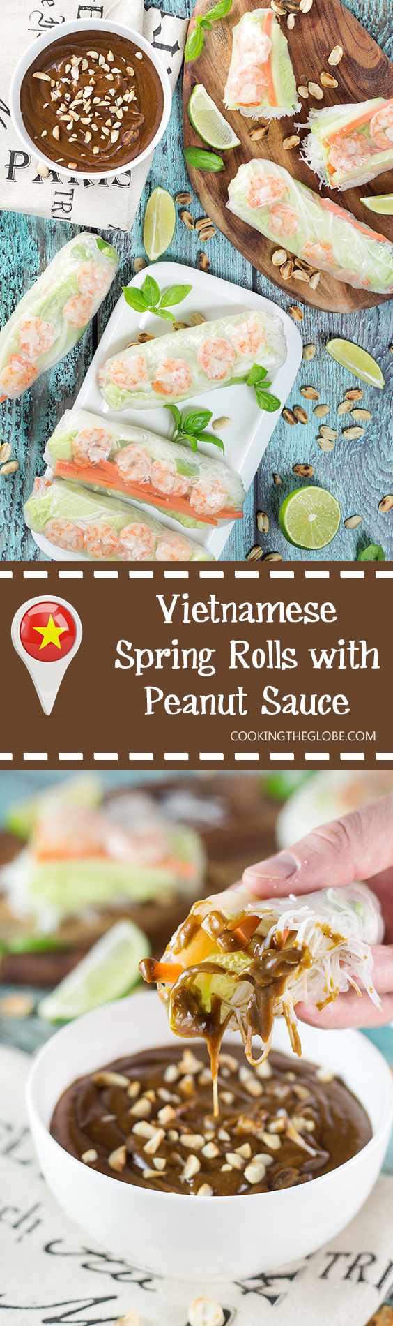 Estes rolinhos primavera vietnamitas frescos (Goi Cuon) são recheados com carne de porco, camarão, legumes e enrolados com papel de arroz. Servidos com um delicioso molho de amendoim, eles são um lanche ou aperitivo perfeito! | cocinartheglobe.com