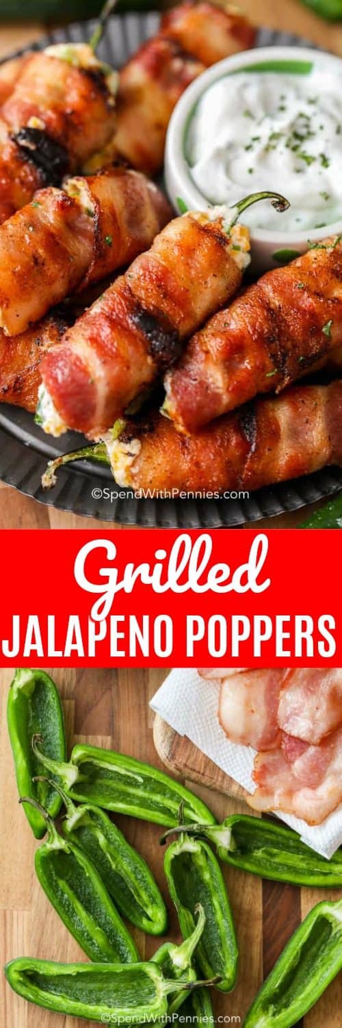 La foto superior muestra Poppers de jalapeño a la parrilla apilados en un plato. La foto inferior muestra los jalapeños y el tocino vacíos listos para ser rellenados.