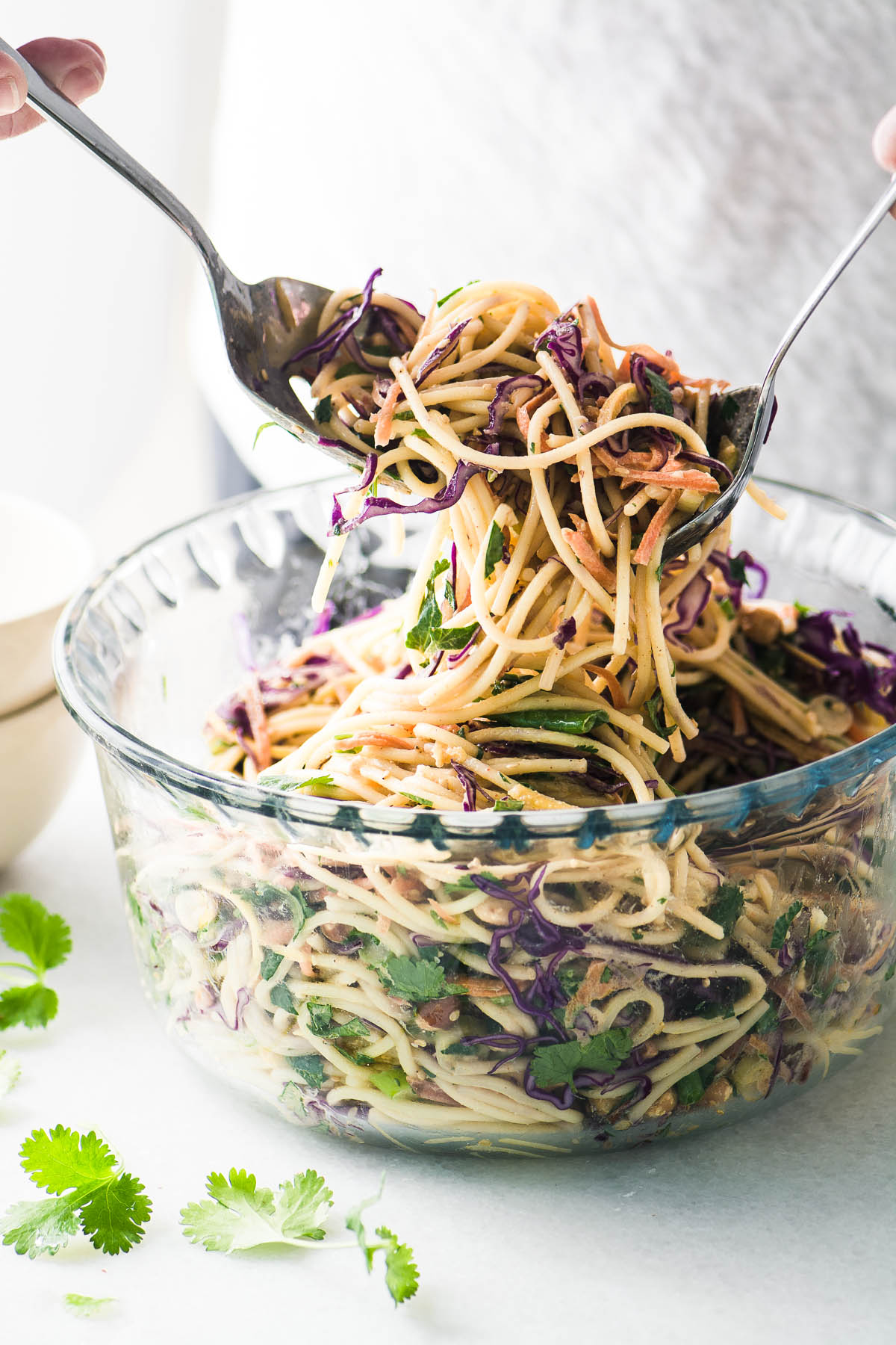 Toassing uma salada de espaguete tailandês picante