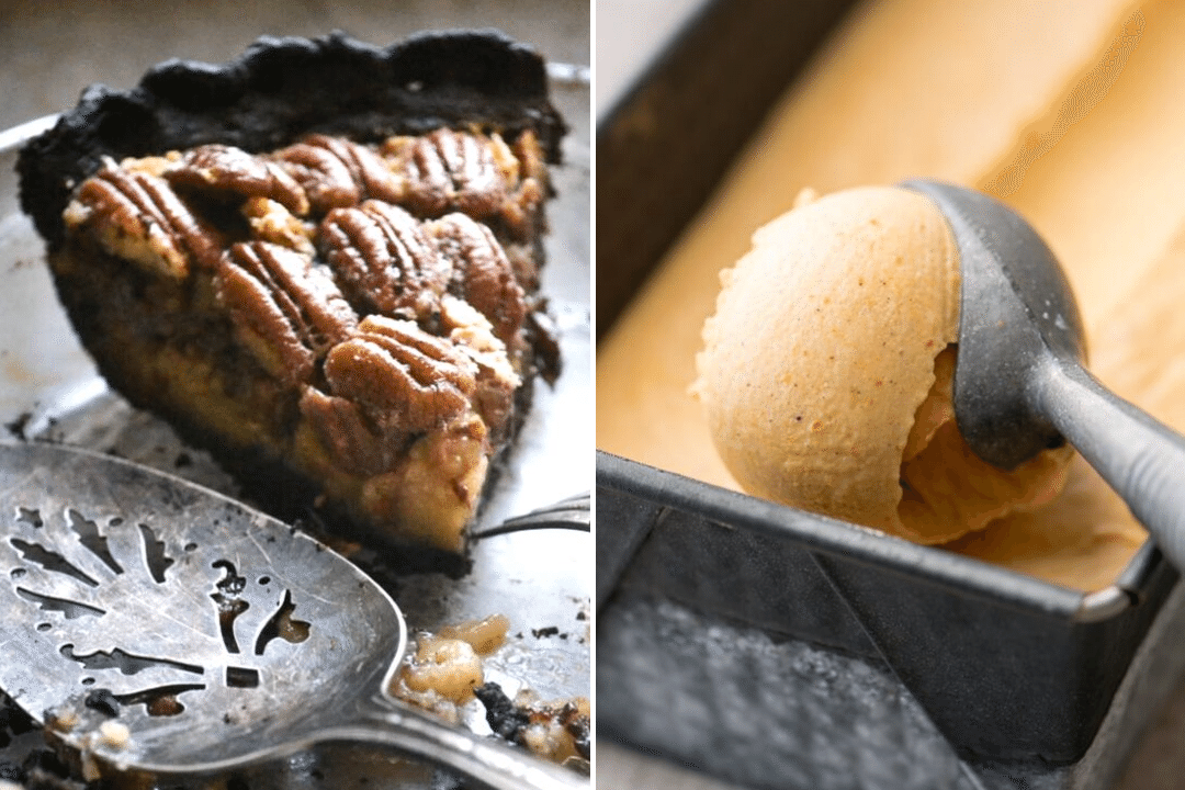 Torta de noz-pecã Bourbon com fundo preto e sorvete de abóbora sem batedeira.