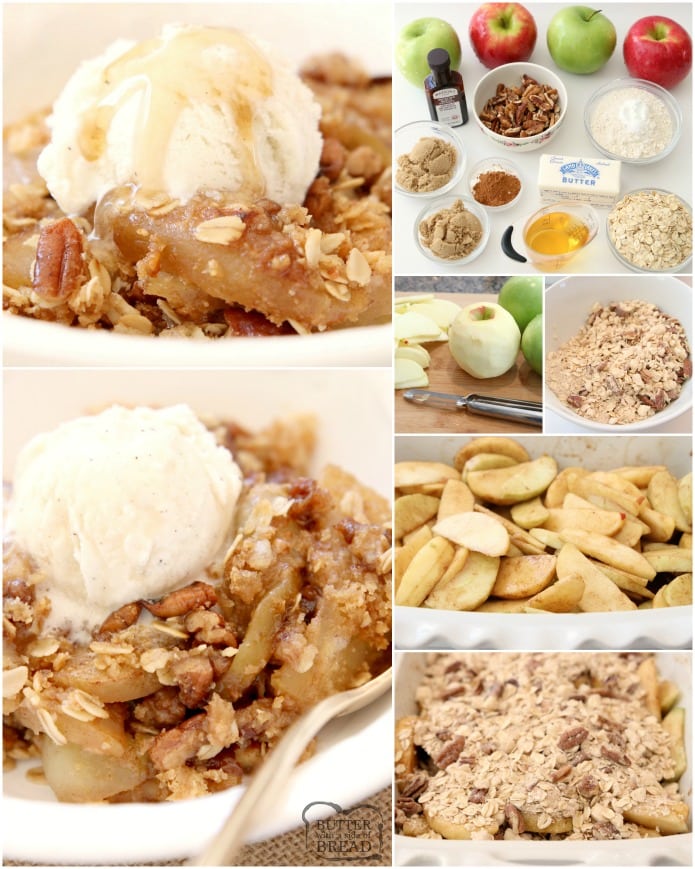 Crocante de maçã Maple Pecan feita com aveia, nozes, açúcar mascavo, manteiga e maçãs em um prato de outono perfeito, cheio de sabor de maçã fresca. Coberto com xarope de bordo real, esta receita de maçã crocante é a nossa favorita de todos os tempos.
