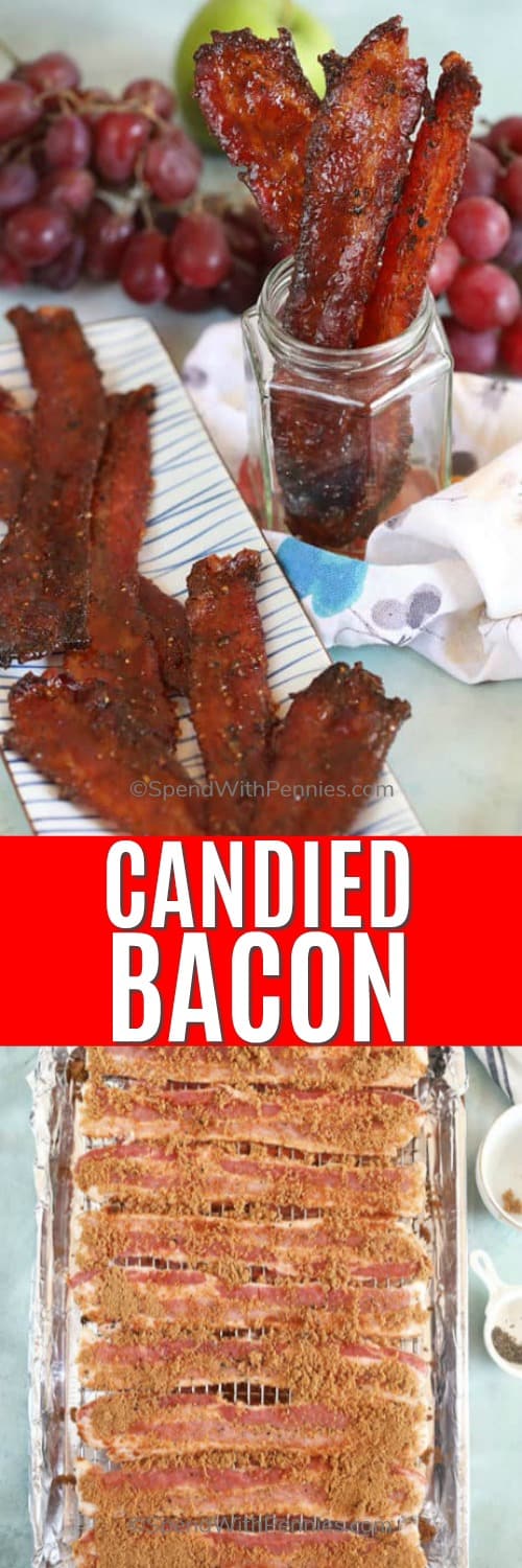 Foto superior: bacon confit em uma jarra e também deitado em um prato. Foto inferior: bacon em uma gradinha para esfriar polvilhado com açúcar mascavo.