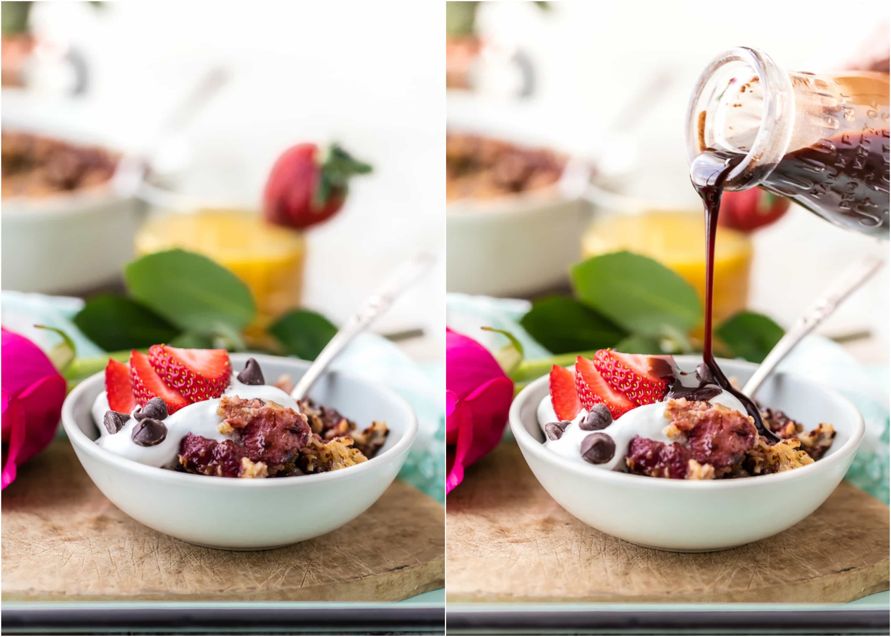 tigela de aveia com chocolate e morangos