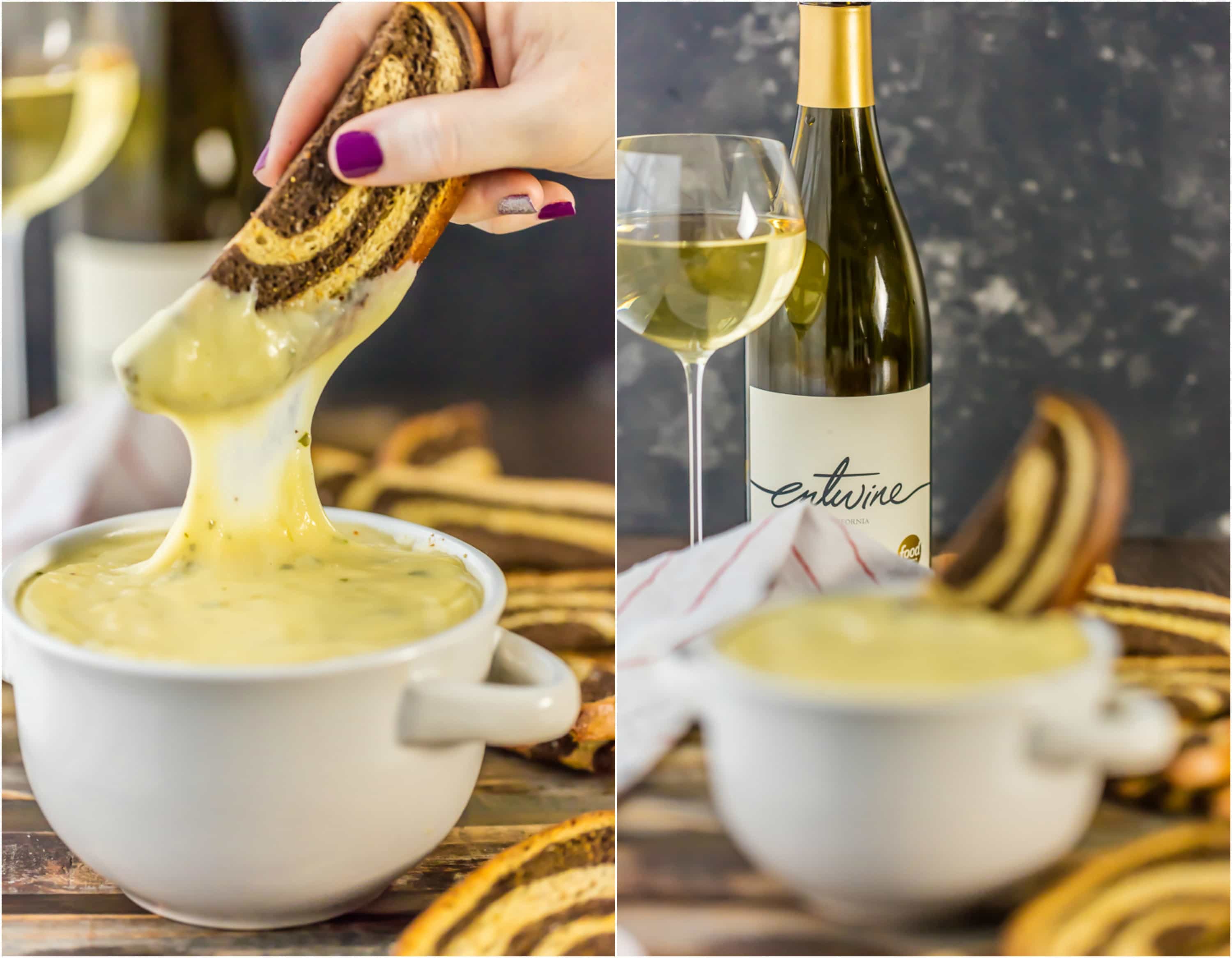 Fondue de vinho branco super fácil! Feito com vinho suíço, gouda e, claro, branco. Receita fácil, brega, com mel e deliciosa! Feito em minutos! Servido com crostini de centeio marinado!