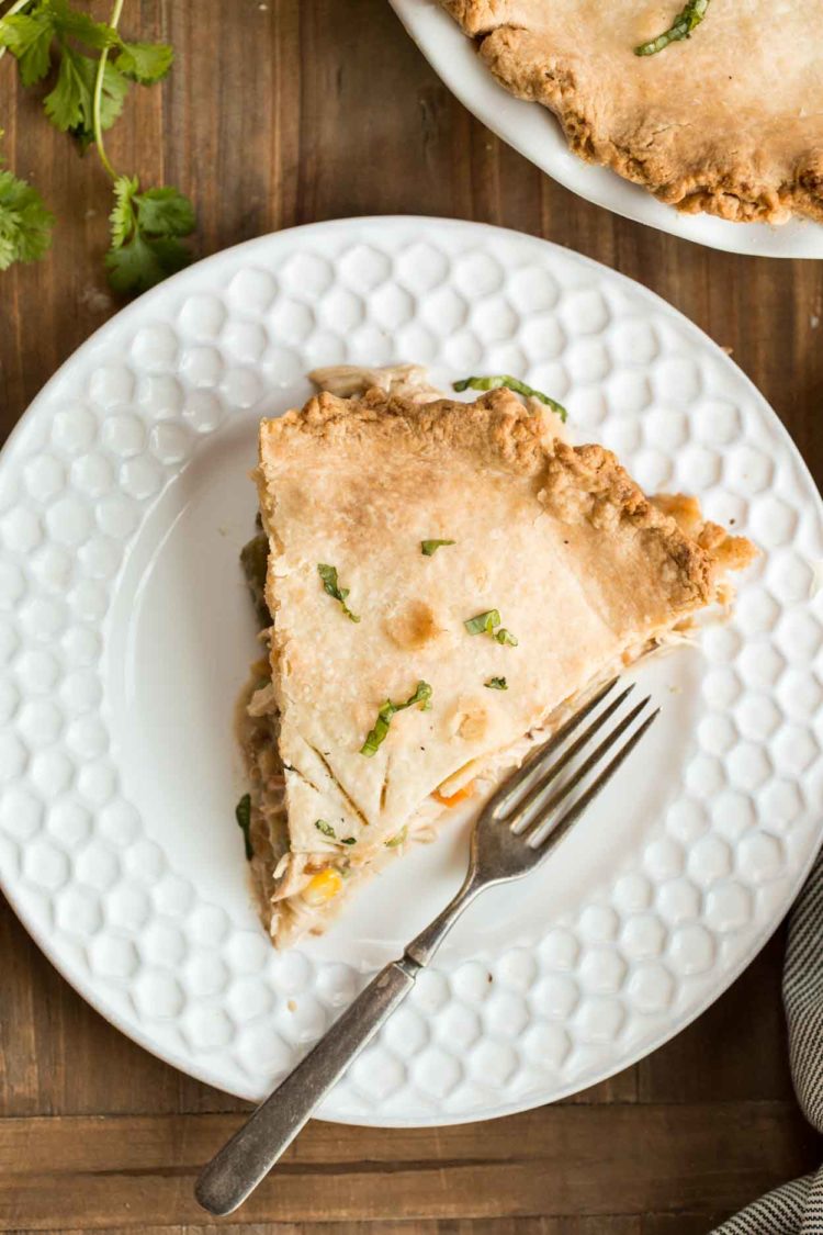 Fatia de torta de frango em um prato com um garfo coberto com legumes frescos. 