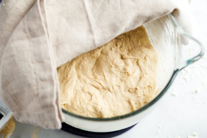 massa de pão em uma tigela com papel de cozinha