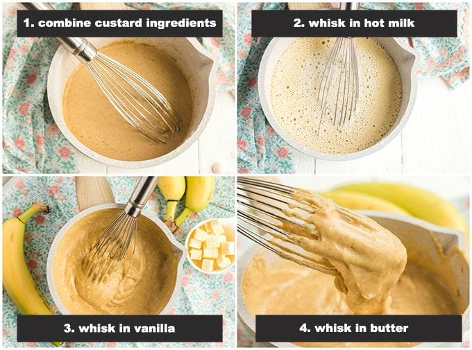 Primeiros quatro passos ilustrados para fazer recheio de torta de creme de banana