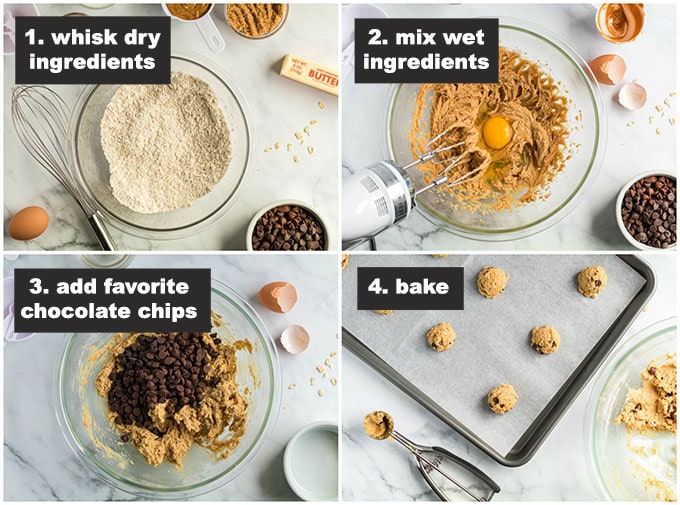 La cremosa mantequilla de maní y la avena masticable se unen para hacer deliciosas galletas de chispas de chocolate con avena y mantequilla de maní. ¡La gente preguntará por esta receta! fotos de pasos para galletas de chispas de chocolate con avena y mantequilla de maní