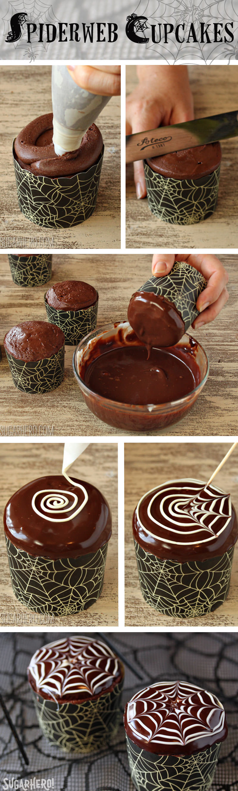 Como fazer cupcakes de teia de aranha e aranhas de chocolate »WikiUtil Cupcakes de teia de aranha e receitas de aranhas de chocolate | From SugarHero.com