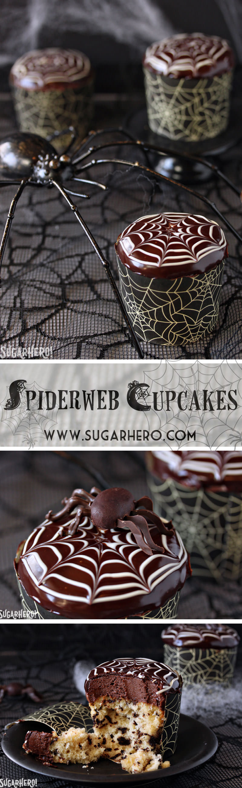 Cupcakes de teia de aranha e receitas de aranhas de chocolate | From SugarHero.com