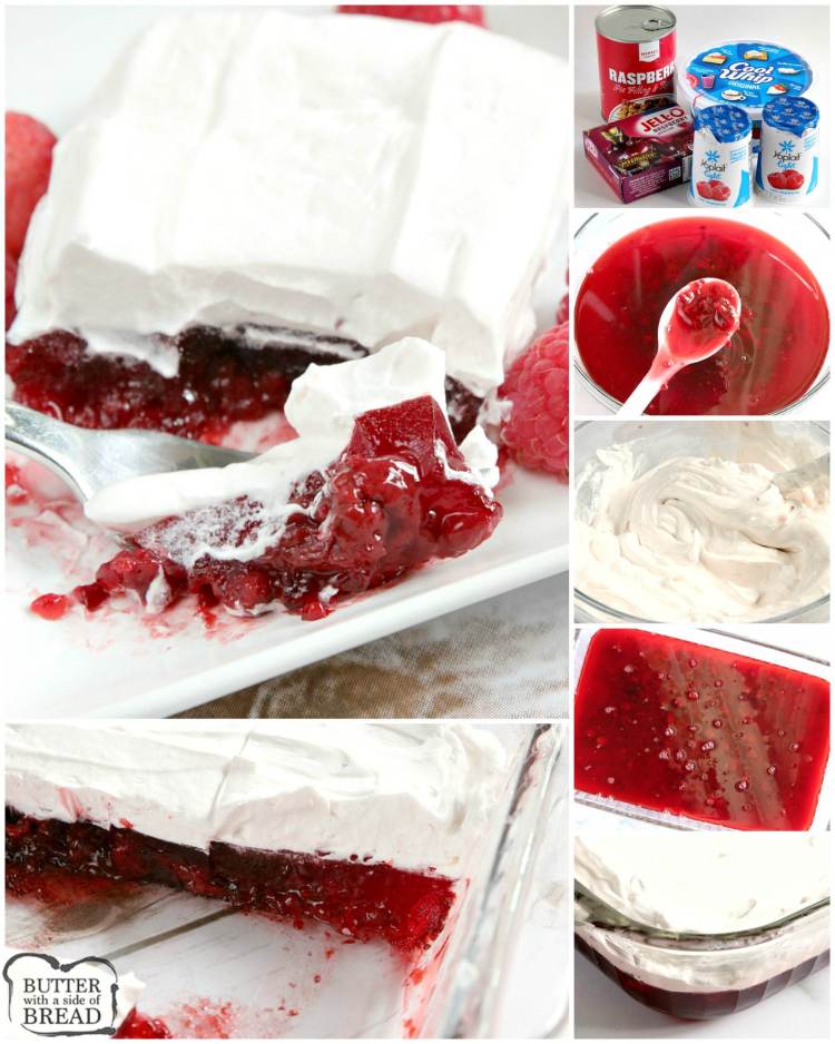 A Salada Fácil de Geléia de Framboesa é feita com recheio e geléia de torta de framboesa e depois coberta com uma camada cremosa de framboesa. Apenas quatro ingredientes para uma receita fácil de gelatina que funciona como enfeite ou sobremesa!