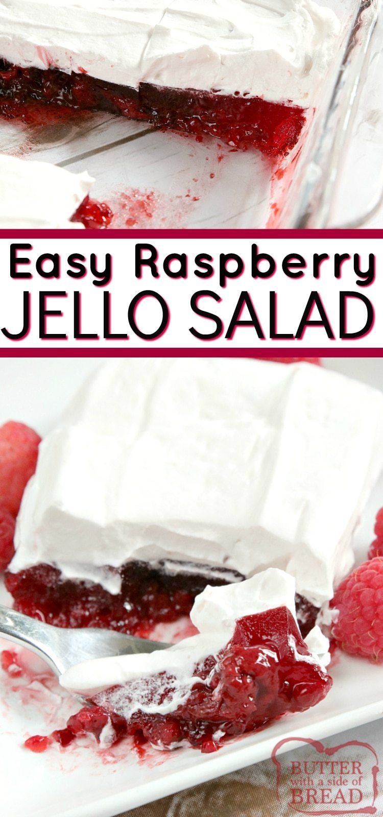 A Salada Fácil de Geléia de Framboesa é feita com recheio e geléia de torta de framboesa e depois coberta com uma camada cremosa de framboesa. Apenas quatro ingredientes para uma receita fácil de gelatina que funciona como enfeite ou sobremesa!