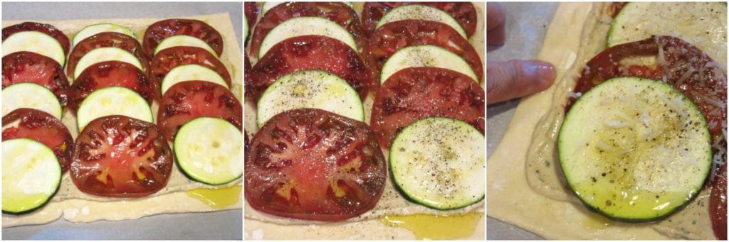 Camadas de tomate e abobrinha para torta de massa folhada