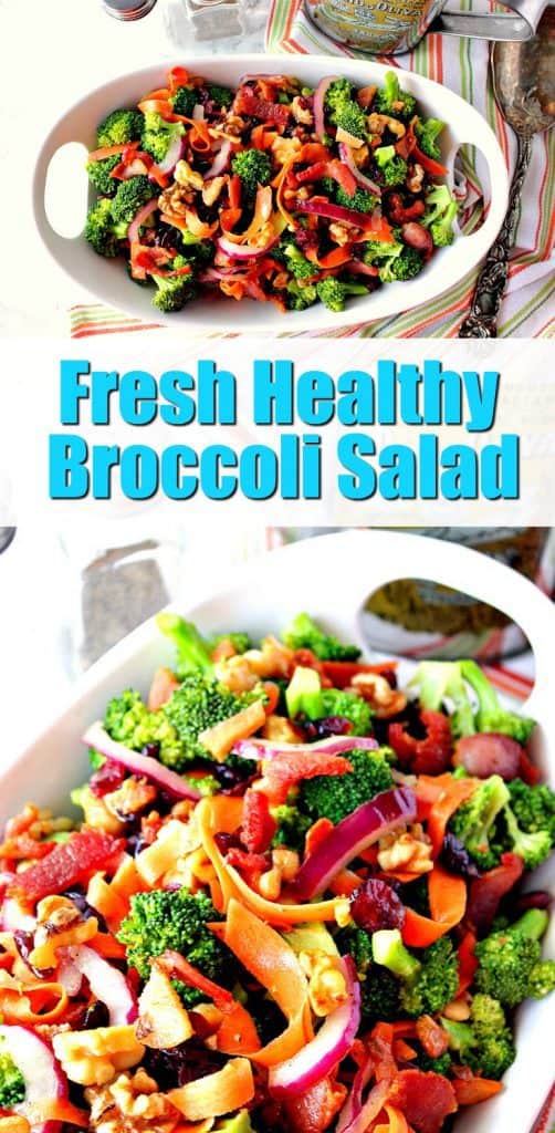 Salada de brócolis saudável com cenoura, nozes, bacon, mirtilos e cebola vermelha. 