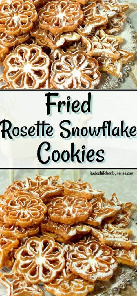 Parte da diversão de comer um Rosette Snowflake Cookie é polvilhar açúcar dos confeiteiros que nevarão na frente de sua camisa enquanto você mastiga essas delícias crocantes. Não há como evitá-lo, então desista e deixe nevar! - kudoskitchenbyrenee.com