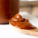 Close-up de receita de manteiga de maçã chipotle fogão lento na colher