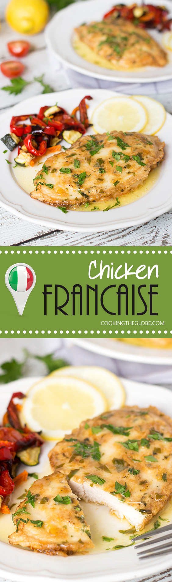 Frango Frango é um prato ítalo-americano que consiste em costeletas de frango cozidas com limão e molho de vinho. | cocinartheglobe.com