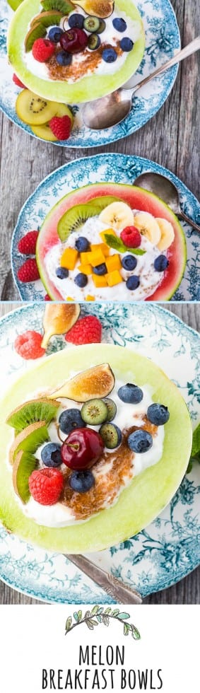 As tigelas de café da manhã com melão são coloridas, saudáveis ​​e divertidas - você simplesmente não pode ter um dia ruim quando começa com iogurte cremoso empilhado ao meio melão e coberto com mais frutas ... vá em frente, coma sua tigela, é bom para você!  * theviewfromgreatisland.com