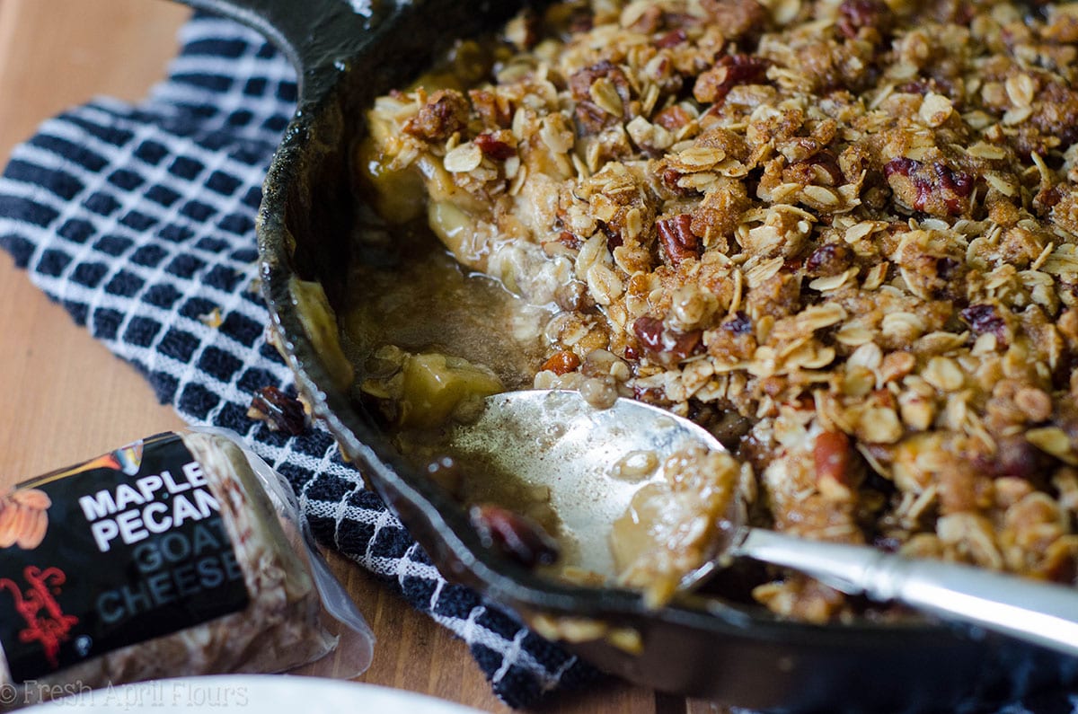Maple Pecan Goat Cheese Skillet Apple Crisp: A gluten free apple crisp with a touch of tangy goat cheese and full of some of the best flavors fall has to offer.