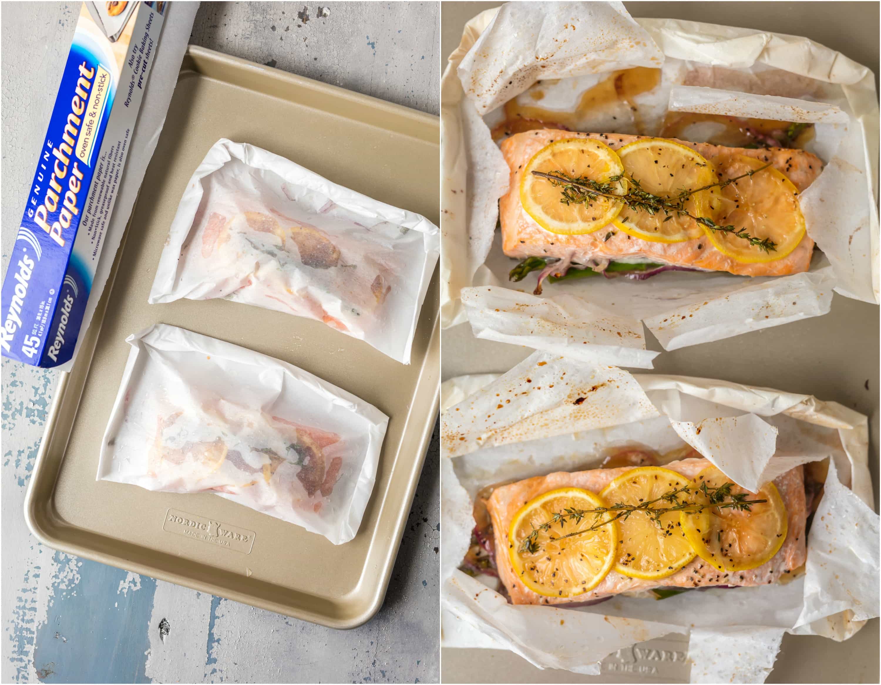 Esta MANTEIGA DE LUTÃO EM SALMÃO DE PERGAMINHO é a nossa maneira favorita de cozinhar em casa uma refeição deliciosa e saudável de frutos do mar! Espargos e cebola cobertos com salmão suculento, limão e tomilho e regados com manteiga de limão. TÃO FÁCIL e incrivelmente bom!